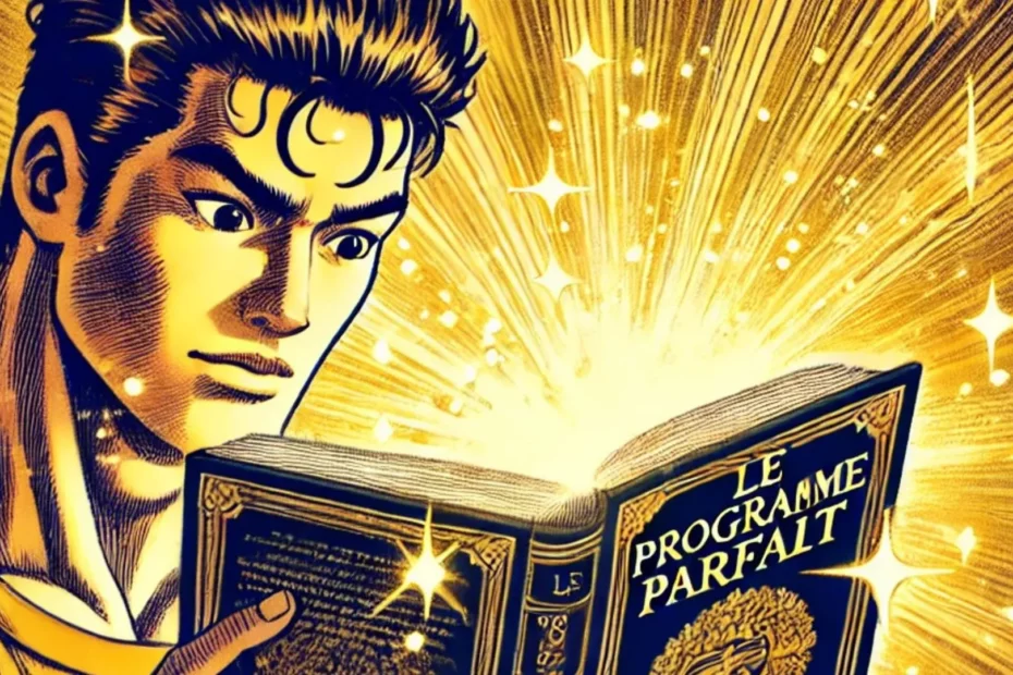 Illustration de style manga japonais représentant un homme musclé lisant un livre intitulé 'LE PROGRAMME PARFAIT', écrit clairement avec une bordure dorée. Le livre émet une lumière dorée éclatante, créant une ambiance dramatique et captivante.