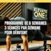 Couverture du programme Elevate One - Entraînement à la maison pour débutant, programme de 6 semaines avec 3 séances par semaine. Un homme réalise des pompes devant un écran affichant le programme.