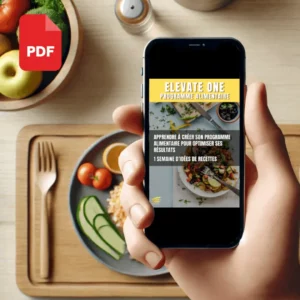 Une personne tenant un smartphone affichant le programme "Elevate One", avec en arrière-plan un repas équilibré. Programme conçu pour optimiser la perte de poids grâce à des idées de recettes et une alimentation saine.