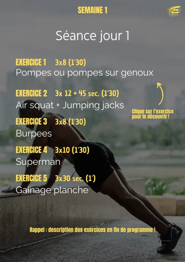 Exemple de séance du programme Elevate One à la maison : plan d'entraînement de la semaine 1 avec pompes, squats, burpees, superman et gainage, illustré par un athlète réalisant des pompes inclinées en extérieur.