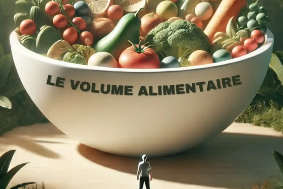 Bol géant rempli de légumes et fruits volumineux avec un humain miniature en bas. Inscription "LE VOLUME ALIMENTAIRE" sur le bol, illustrant le concept de la satiété et de la perte de poids grâce aux aliments peu caloriques et volumineux.