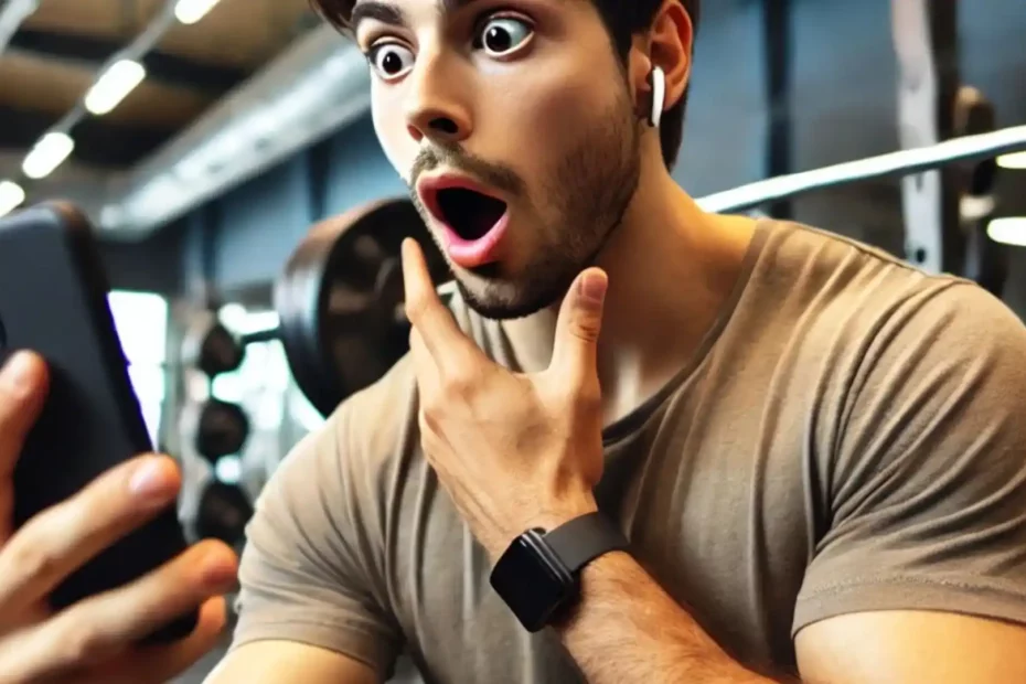 Un homme surpris en salle de sport, lisant un article sur son téléphone, découvrant des erreurs dans son entraînement en musculation..