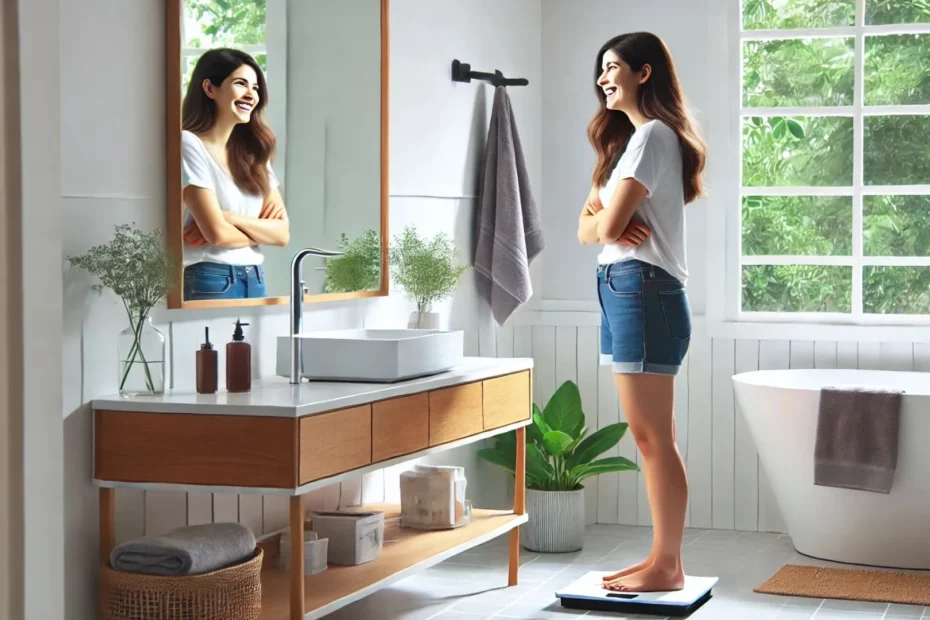 Une femme souriante debout sur une balance dans sa salle de bain moderne, regardant son reflet dans le miroir. Scène lumineuse et minimaliste symbolisant la réussite et la satisfaction après une perte de poids.