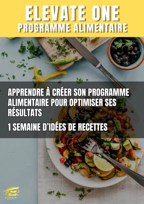 Page de couverture du programme alimentaire Elevate One : guide pour apprendre à créer son programme alimentaire et optimiser ses résultats, avec une semaine d'idées de recettes illustrées par un plat coloré et équilibré.