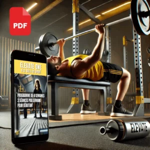 Image représentant le programme de musculation Elevate One destiné aux débutants en salle de sport, avec 3 séances par semaine pendant 6 semaines. Le programme est disponible en format PDF avec des instructions détaillées et des exercices adaptés pour se transformer progressivement.